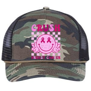 Crush Breast Cancer Awareness Groovy Retro Smile Face Retro Rope Trucker Hat Cap