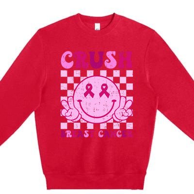 Crush Breast Cancer Awareness Groovy Retro Smile Face Premium Crewneck Sweatshirt