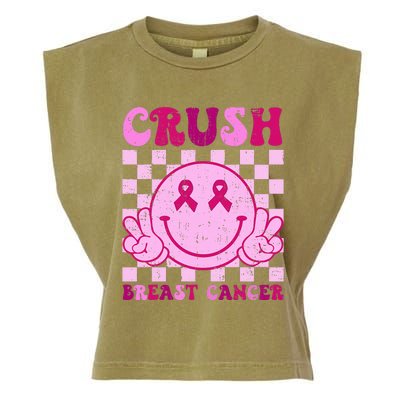 Crush Breast Cancer Awareness Groovy Retro Smile Face Garment-Dyed Women's Muscle Tee