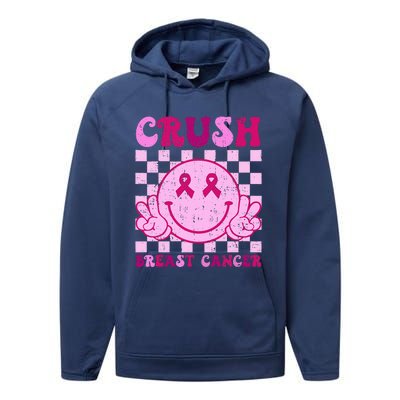 Crush Breast Cancer Awareness Groovy Retro Smile Face Performance Fleece Hoodie