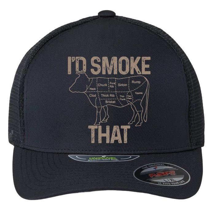Chef Butcher Cook BBQ I'd Smoke That Cow Beef Flexfit Unipanel Trucker Cap