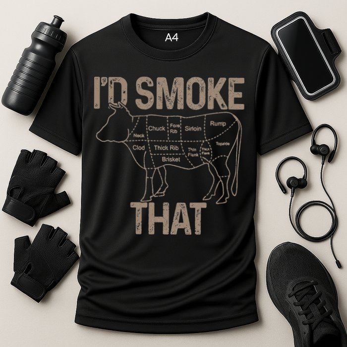 Chef Butcher Cook BBQ I'd Smoke That Cow Beef Cooling Performance Crew T-Shirt