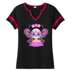 Cute Breast Cancer Awareness Sugar Skull Girl Ladies Halftime Notch Neck Tee