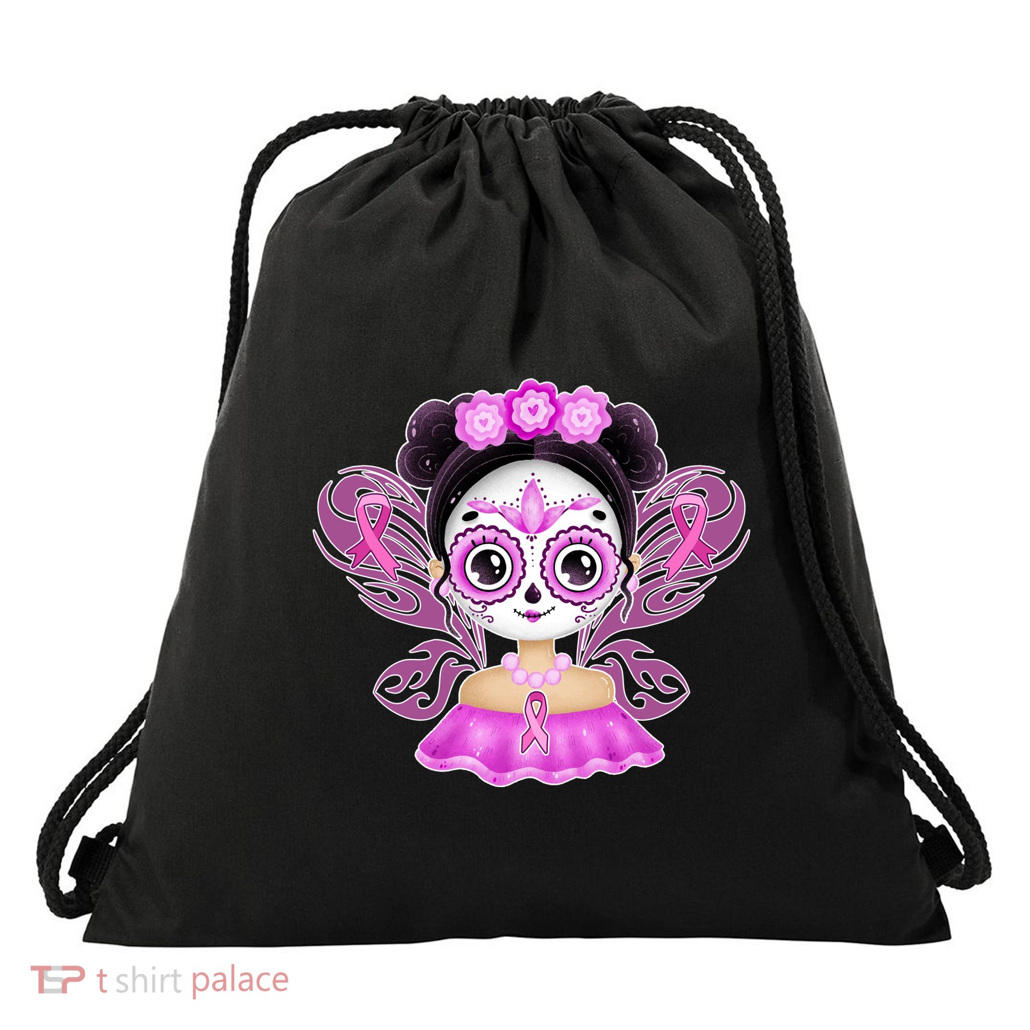 Cute Breast Cancer Awareness Sugar Skull Girl Drawstring Bag