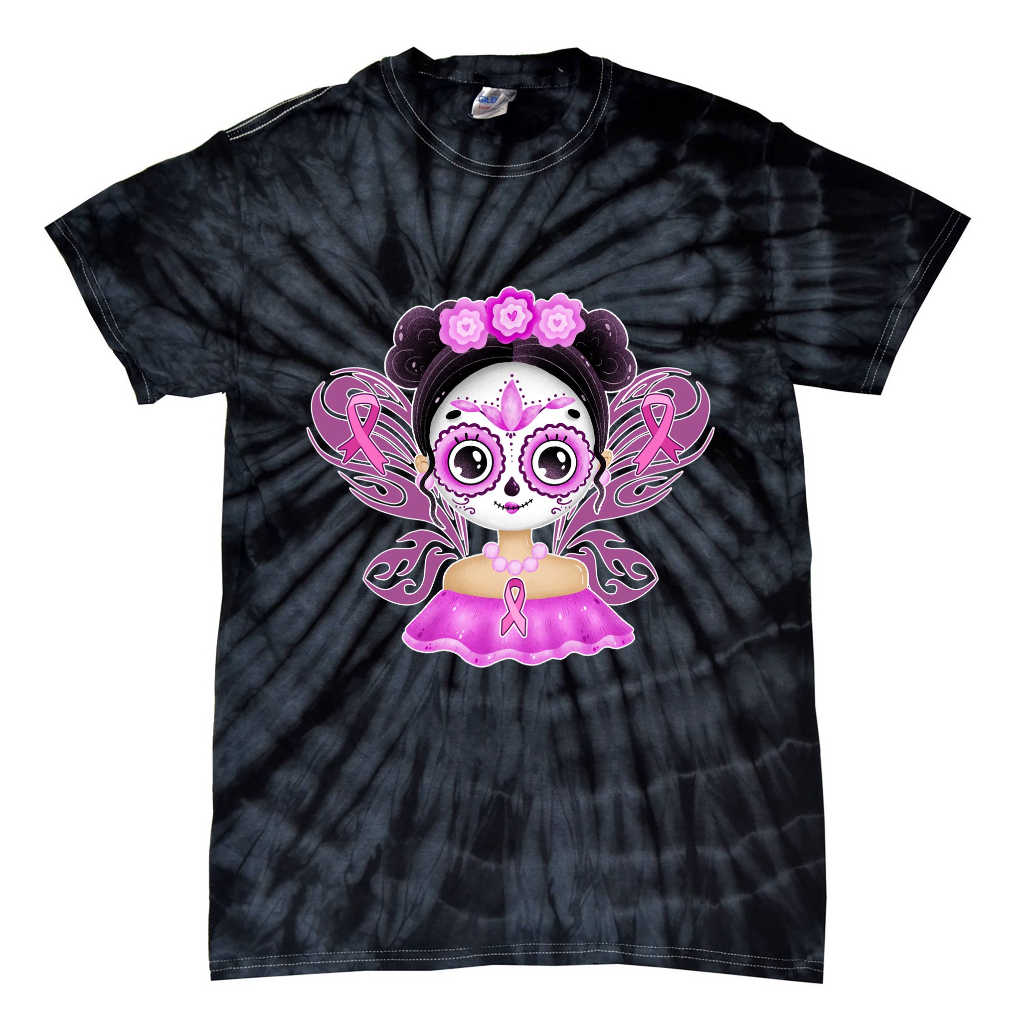 Cute Breast Cancer Awareness Sugar Skull Girl Tie-Dye T-Shirt