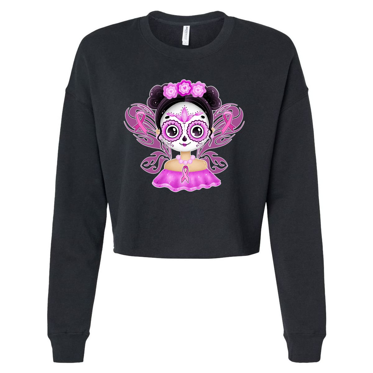 Cute Breast Cancer Awareness Sugar Skull Girl Cropped Pullover Crew