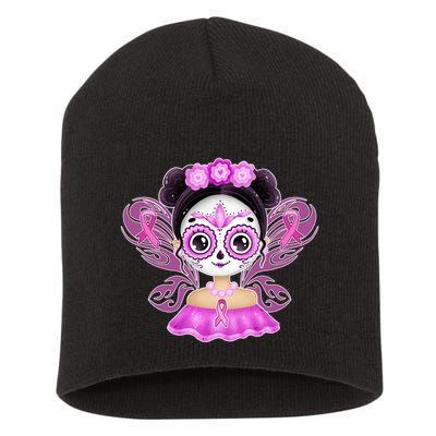 Cute Breast Cancer Awareness Sugar Skull Girl Short Acrylic Beanie