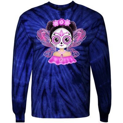 Cute Breast Cancer Awareness Sugar Skull Girl Tie-Dye Long Sleeve Shirt