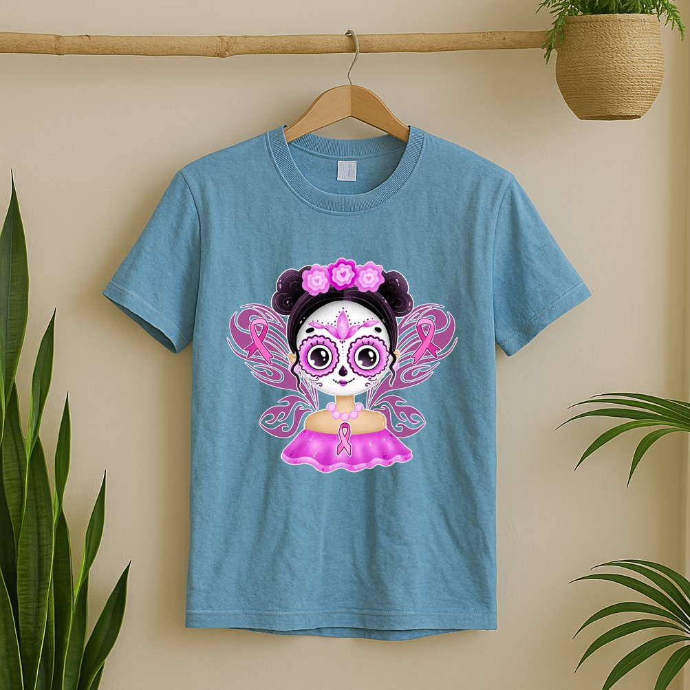 Cute Breast Cancer Awareness Sugar Skull Girl T-Shirt
