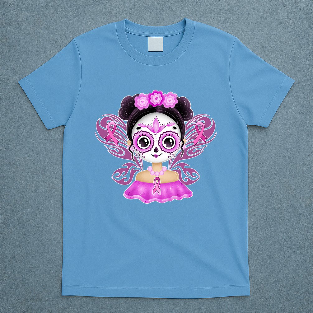 Cute Breast Cancer Awareness Sugar Skull Girl T-Shirt