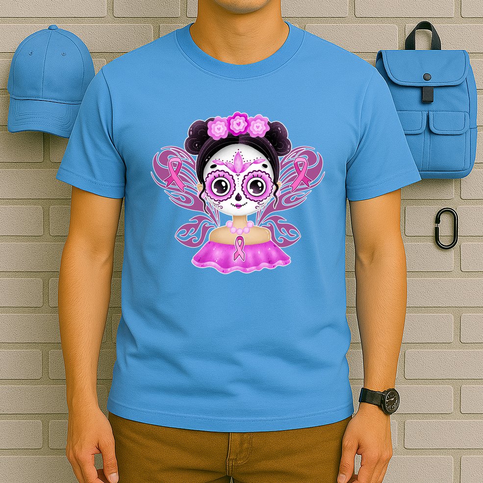 Cute Breast Cancer Awareness Sugar Skull Girl T-Shirt