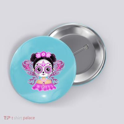 Cute Breast Cancer Awareness Sugar Skull Girl Button