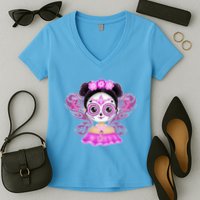 Cute Breast Cancer Awareness Sugar Skull Girl Women's V-Neck T-Shirt