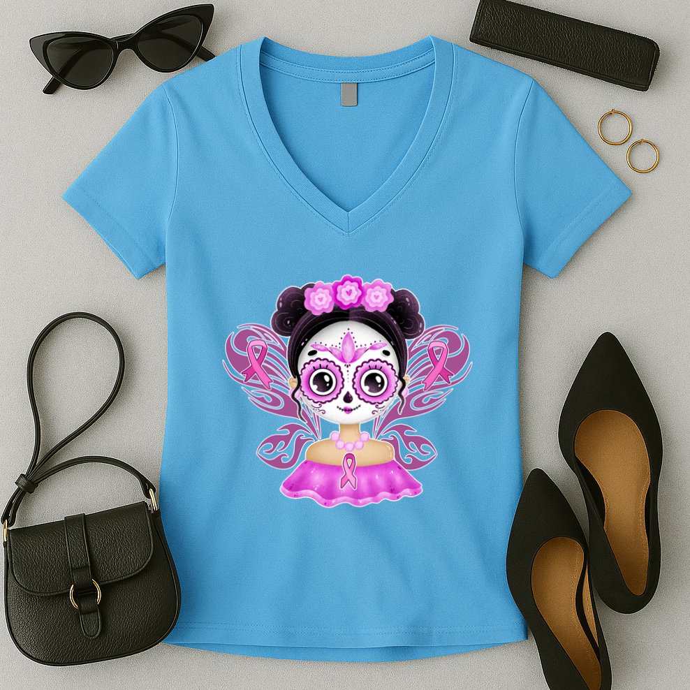 Cute Breast Cancer Awareness Sugar Skull Girl Women's V-Neck T-Shirt