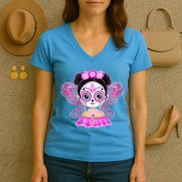 Cute Breast Cancer Awareness Sugar Skull Girl Women's V-Neck T-Shirt