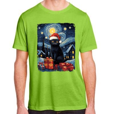 Christmas Black Cat Starry Night Van Gogh Retro Cat Art Adult ChromaSoft Performance T-Shirt