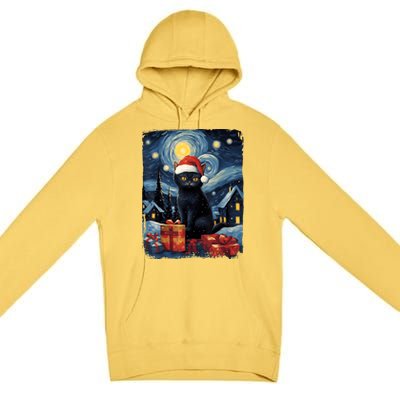 Christmas Black Cat Starry Night Van Gogh Retro Cat Art Premium Pullover Hoodie