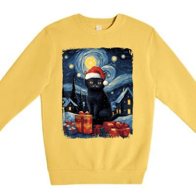 Christmas Black Cat Starry Night Van Gogh Retro Cat Art Premium Crewneck Sweatshirt