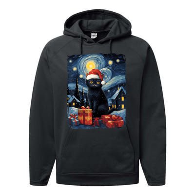 Christmas Black Cat Starry Night Van Gogh Retro Cat Art Performance Fleece Hoodie