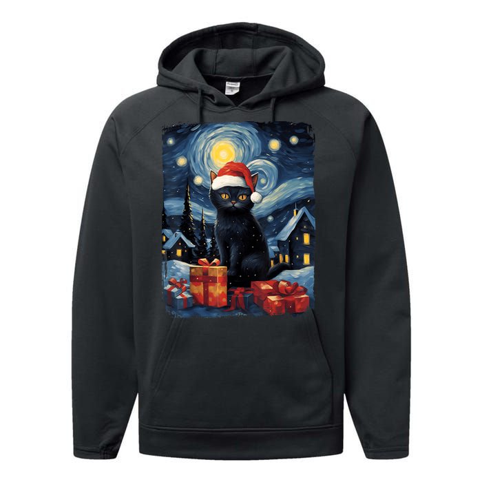 Christmas Black Cat Starry Night Van Gogh Retro Cat Art Performance Fleece Hoodie