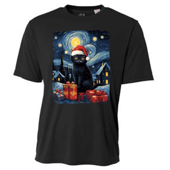 Christmas Black Cat Starry Night Van Gogh Retro Cat Art Cooling Performance Crew T-Shirt