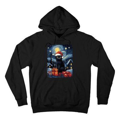 Christmas Black Cat Starry Night Van Gogh Retro Cat Art Hoodie