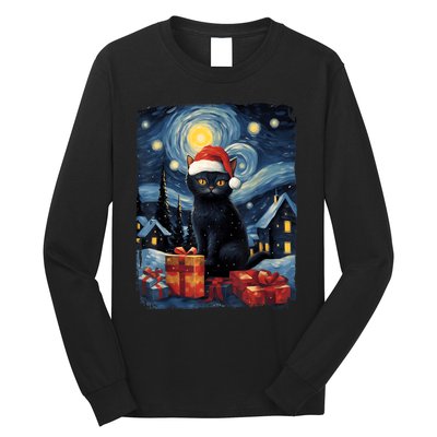 Christmas Black Cat Starry Night Van Gogh Retro Cat Art Long Sleeve Shirt