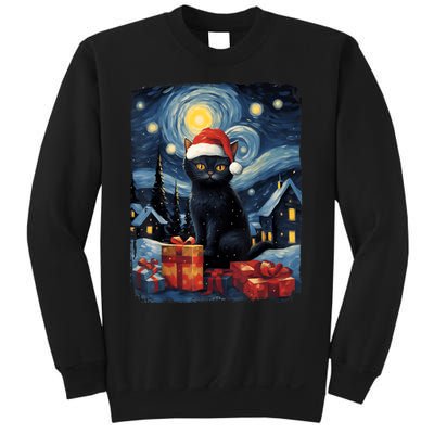 Christmas Black Cat Starry Night Van Gogh Retro Cat Art Sweatshirt