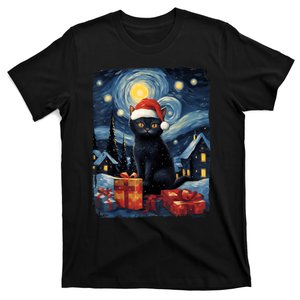 Christmas Black Cat Starry Night Van Gogh Retro Cat Art T-Shirt