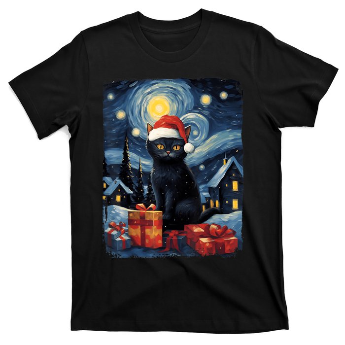 Christmas Black Cat Starry Night Van Gogh Retro Cat Art T-Shirt