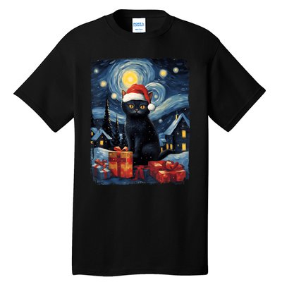 Christmas Black Cat Starry Night Van Gogh Retro Cat Art Tall T-Shirt