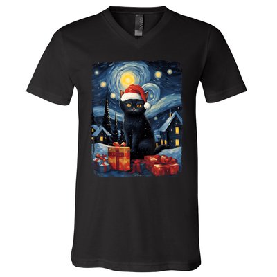 Christmas Black Cat Starry Night Van Gogh Retro Cat Art V-Neck T-Shirt