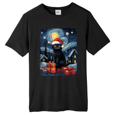 Christmas Black Cat Starry Night Van Gogh Retro Cat Art Tall Fusion ChromaSoft Performance T-Shirt