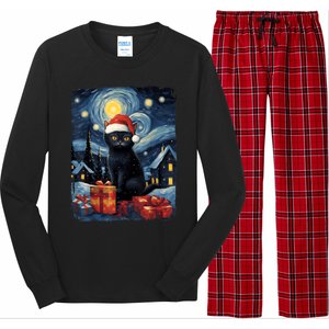 Christmas Black Cat Starry Night Van Gogh Retro Cat Art Long Sleeve Pajama Set