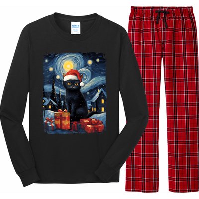 Christmas Black Cat Starry Night Van Gogh Retro Cat Art Long Sleeve Pajama Set