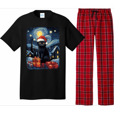 Christmas Black Cat Starry Night Van Gogh Retro Cat Art Pajama Set