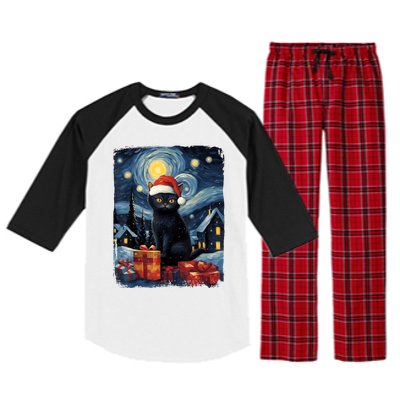 Christmas Black Cat Starry Night Van Gogh Retro Cat Art Raglan Sleeve Pajama Set