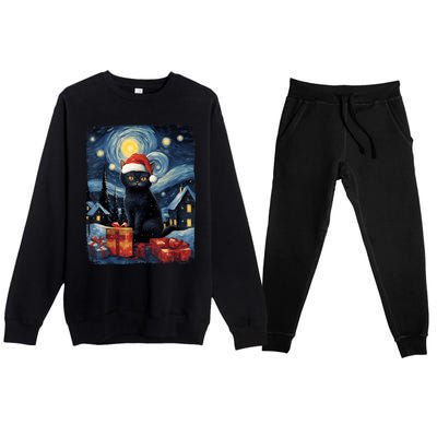 Christmas Black Cat Starry Night Van Gogh Retro Cat Art Premium Crewneck Sweatsuit Set