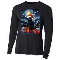 Christmas Black Cat Starry Night Van Gogh Retro Cat Art Cooling Performance Long Sleeve Crew