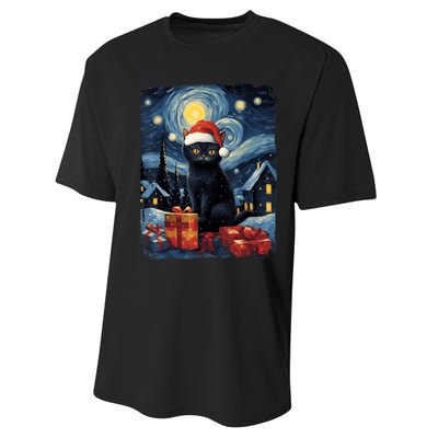 Christmas Black Cat Starry Night Van Gogh Retro Cat Art Performance Sprint T-Shirt