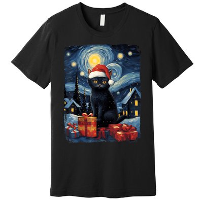 Christmas Black Cat Starry Night Van Gogh Retro Cat Art Premium T-Shirt