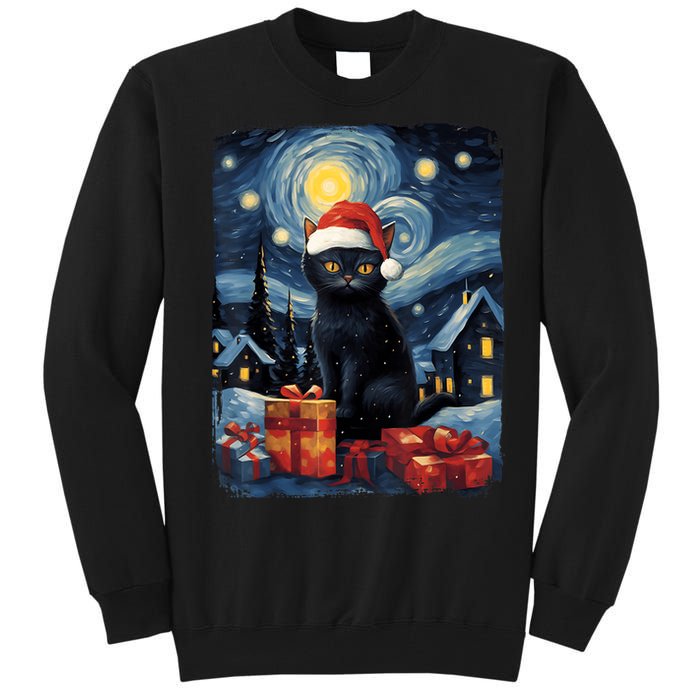 Christmas Black Cat Starry Night Van Gogh Retro Cat Art Tall Sweatshirt