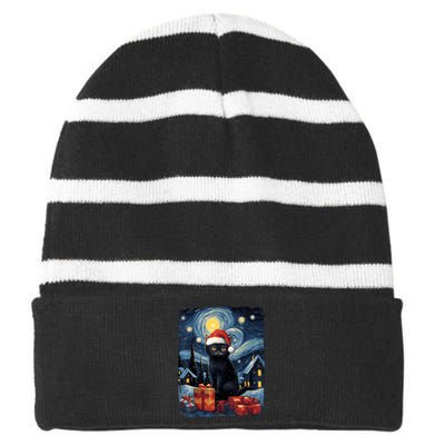 Christmas Black Cat Starry Night Van Gogh Retro Cat Art Striped Beanie with Solid Band