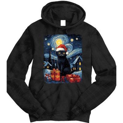 Christmas Black Cat Starry Night Van Gogh Retro Cat Art Tie Dye Hoodie