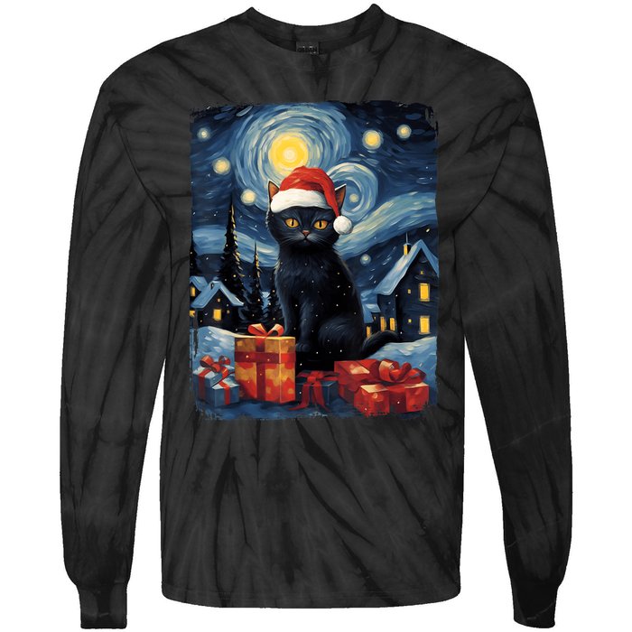 Christmas Black Cat Starry Night Van Gogh Retro Cat Art Tie-Dye Long Sleeve Shirt