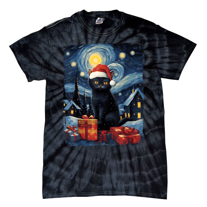 Christmas Black Cat Starry Night Van Gogh Retro Cat Art Tie-Dye T-Shirt