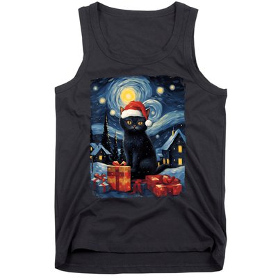 Christmas Black Cat Starry Night Van Gogh Retro Cat Art Tank Top