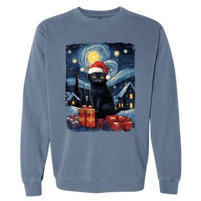 Christmas Black Cat Starry Night Van Gogh Retro Cat Art Garment-Dyed Sweatshirt