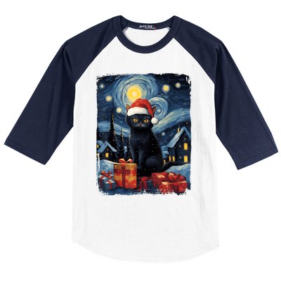 Christmas Black Cat Starry Night Van Gogh Retro Cat Art Baseball Sleeve Shirt