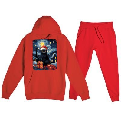 Christmas Black Cat Starry Night Van Gogh Retro Cat Art Premium Hooded Sweatsuit Set